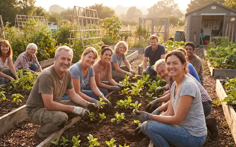 Volunteers planting seedlings together in a community garden