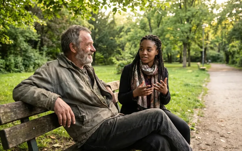 An older mentor listening to a young person on a park bench