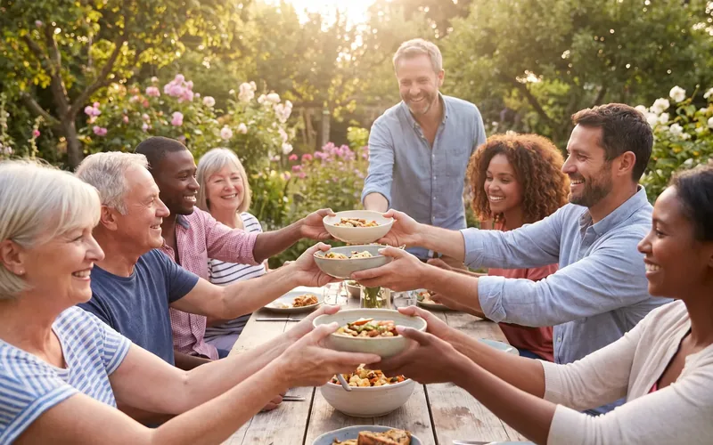 Neighbours passing dishes around an outdoor table